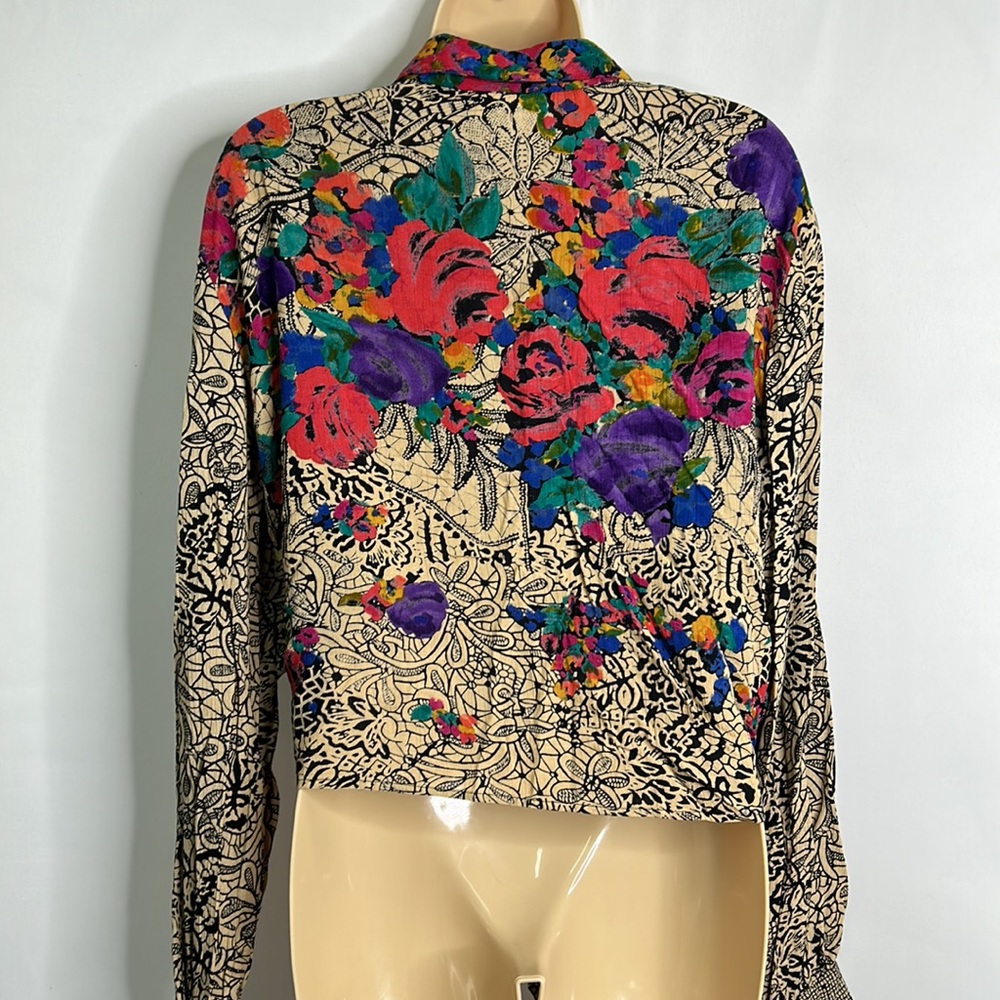 Carole Little petites floral art boho tie front button down long sleeve blouse - Picture 5 of 7